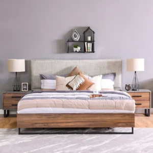 Modern Industrial Lamited Bed with Grey Fabric Headboard & Metal Frame - Image 1