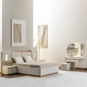 Luxury Turkish Fabric Bed with Integrated Headboard Lighting & Gold Accents - Image 1