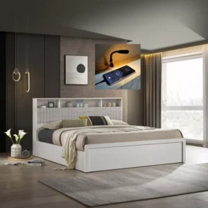 Modern White & Grey Lamited Storage Bed with Multi-Functiol Headboard - Image 2