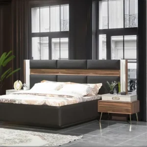 Modern Turkish Fabric Bed with Integrated Wood Slat Headboard & Nightstands - Image 1
