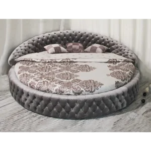 Trendy Luxury Grey Velvet Round Tufted Bed with Oversized Headboard - Image 1
