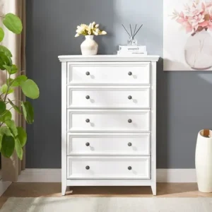 Elegant Classic White 5-Drawer Chest of Drawers with Round Pulls – Bedroom Storage