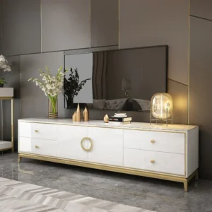 High-Gloss White & Gold LCD Floor Unit with Ring Handles – Mid-Century Vibe - Image 1