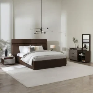 Modern Dark Brown Deco Fabric Bed with Slat Detail – Premium Bedroom Set - Image 1