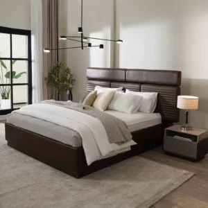 Modern Dark Brown Deco Fabric Bed with Slat Detail – Premium Bedroom Set - Image 2