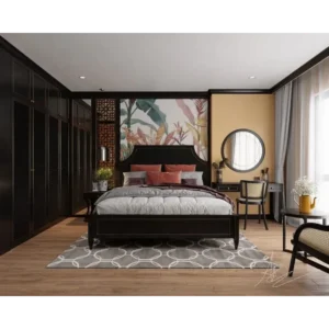 Midnight Ebony Classic Polish Bed with Tropical Backdrop - Image 1