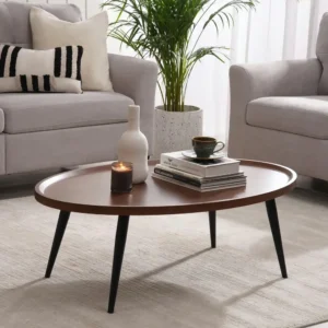 Oval Dark Brown Wood Coffee Table with Minimalist Black Tapered Tripod Legs - Image 1