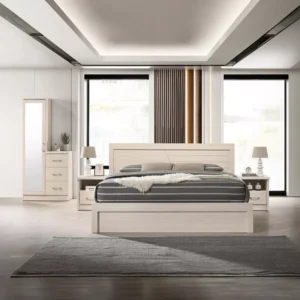 Contemporary Beige Lamited Bed Set with Sleek Linear Headboard - Image 1