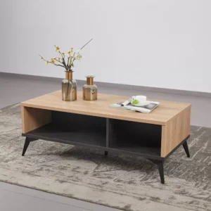 Industrial Oak Coffee Table with Dual Storage Compartments & Tapered Legs - Image 1