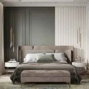 Modern Luxury Grey Velvet Upholstered Bed with Layered Headboard Design & Matching Bench - Image 1