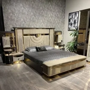 Imperial Grey Jute Padded Master Bed with Art Deco Arched Headboard - Image 1