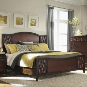 Intricate Diamond Lattice Carvings Classic Dark Brown Polish Wood Bed - Image 1