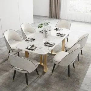 Elegant White Marble Dining Table Set with Gold Pedestal & Velvet Chairs - Image 1