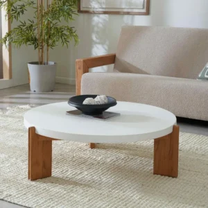 Modern Round White Marble Surface Coffee Table with Light Brown Wood Support - Image 1