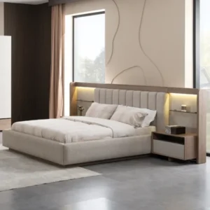 Contemporary Grey Fabric Bed with Integrated LED Lighting & Shelving - Image 1