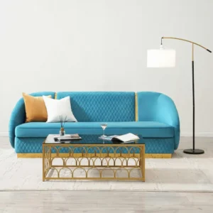 Azure Blue Velvet Quilted Sofa with Arch Gold Metal Base – Turkish Luxury