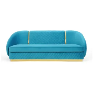 Azure Blue Velvet Quilted Sofa with Arch Gold Metal Base – Turkish Luxury - Image 3
