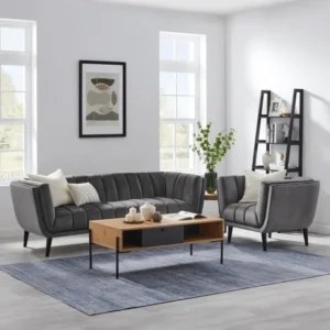 Contemporary Grey Velvet Fluted Sofa & Armchair Living Room Set – Modern Luxury - Image 1