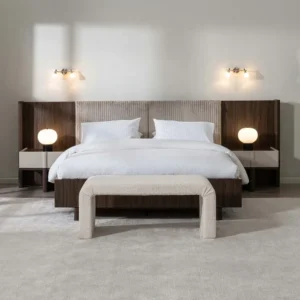 Contemporary Walnut Wood Bed with Grey Velvet Winged Headboard - Image 1