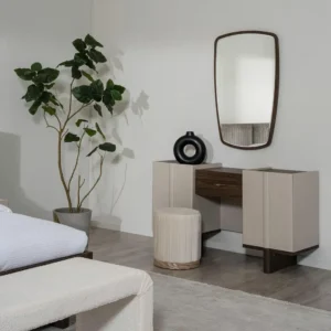 Contemporary Walnut Wood Bed with Grey Velvet Winged Headboard - Image 2