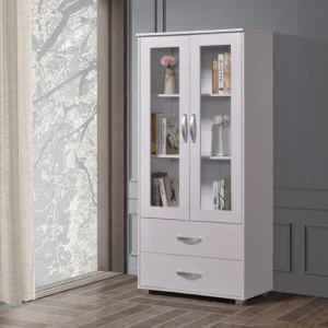Contemporary White Two-Door Glass Showcase with Storage Drawers – Modern Display - Image 1