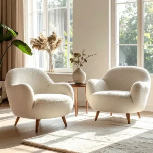 Pair of Modern White Boucle Curved Accent Chairs with Tapered Walnut Legs - Image 1