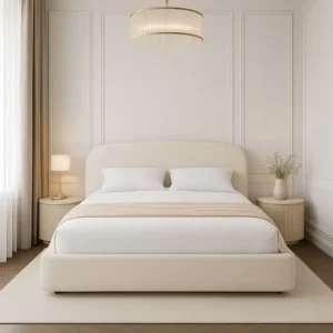 Modern Cream Fabric Upholstered Bed with Curved Minimalist Headboard – Serene Design - Image 1