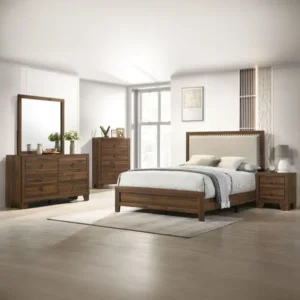 Classic Light Brown Polish Bed Set with Jute Inlay – Complete Bedroom Suite - Image 1