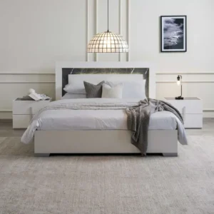 Modern White Deco Bed with Integrated Marble Texture Headboard & LED Lighting - Image 2
