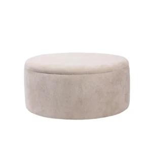 Hidden Storage Compartment Circular Beige Velvet Pouffe - Image 1