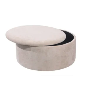 Hidden Storage Compartment Circular Beige Velvet Pouffe - Image 2