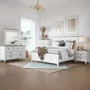 Classic Coastal White Bedroom Set with Dark Wood Tops & Paneled Headboard - Image 1