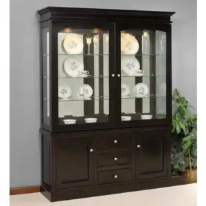 Classic Dark Brown Wooden Showcase with Glass Cabinetry and Storage Drawers - Image 1