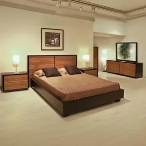 Classic Two-Tone Polish Wood Bed with Vertical Grain Headboard & Nightstands - Image 1