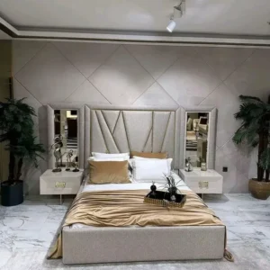 Premium Turkish Fabric Bed with Geometric Headboard & Mirrored Panels - Image 1