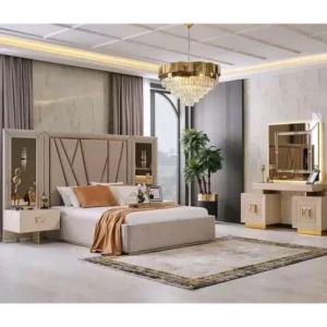 Premium Turkish Fabric Bed with Geometric Headboard & Mirrored Panels - Image 2