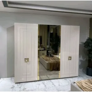 Premium Turkish Fabric Bed with Geometric Headboard & Mirrored Panels - Image 3