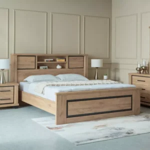 Classic Light Brown Lamited Bed Set with Integrated Headboard Storage - Image 2