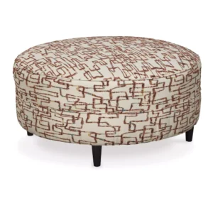 Artisal Beige Jute Circular Ottoman with Dark Brown Tapered Legs - Image 1