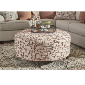Artisal Beige Jute Circular Ottoman with Dark Brown Tapered Legs - Image 2