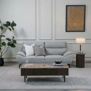 Contemporary Grey Jute Fabric Seat with Fluted Stone Coffee Table – Modern Living Set - Image 1