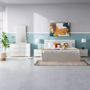 Minimalist White Modern Deco Bed with 6-Drawer Dresser – Clean & Airy Aesthetic - Image 1