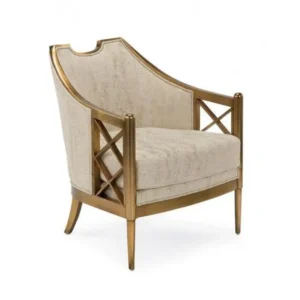 Classic Gold Frame Bedroom Accent Chair in Beige Velvet with Lattice Detail