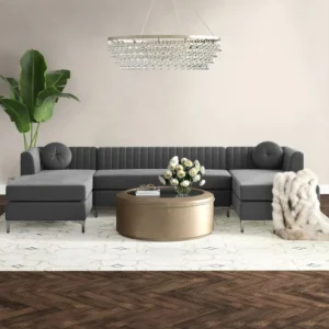Modern Charcoal Grey Velvet U-Shaped Sectiol Sofa with Bolster Pillows - Image 1