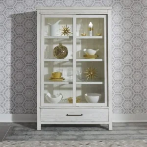 Coastal White Wooden Display Cabinet with Sliding Glass Doors and Drawer - Image 1