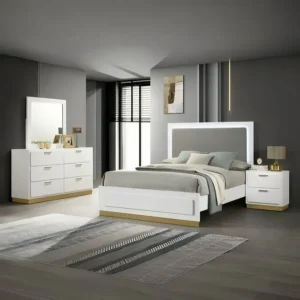 Luxury White Deco Bed with LED Backlit Headboard & Gold Trim - Image 1