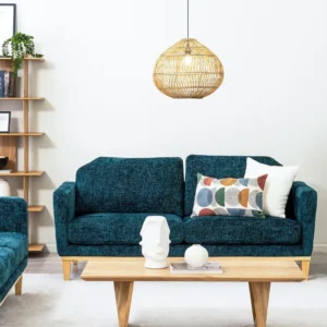 Elegant Deep Teal Textured Fabric Sofa with tural Light Brown Wooden Legs - Image 2