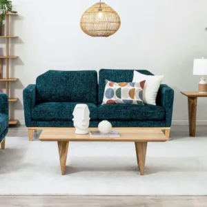 Elegant Deep Teal Textured Fabric Sofa with tural Light Brown Wooden Legs - Image 3