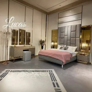 Turkish Style Grand Upholstered Wall Bed with Mirrored Side Panels & Gold Accents - Image 1