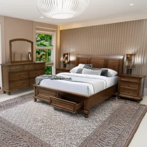 Classic Solid Wood Polish Bed with Integrated Storage Drawers - Image 1